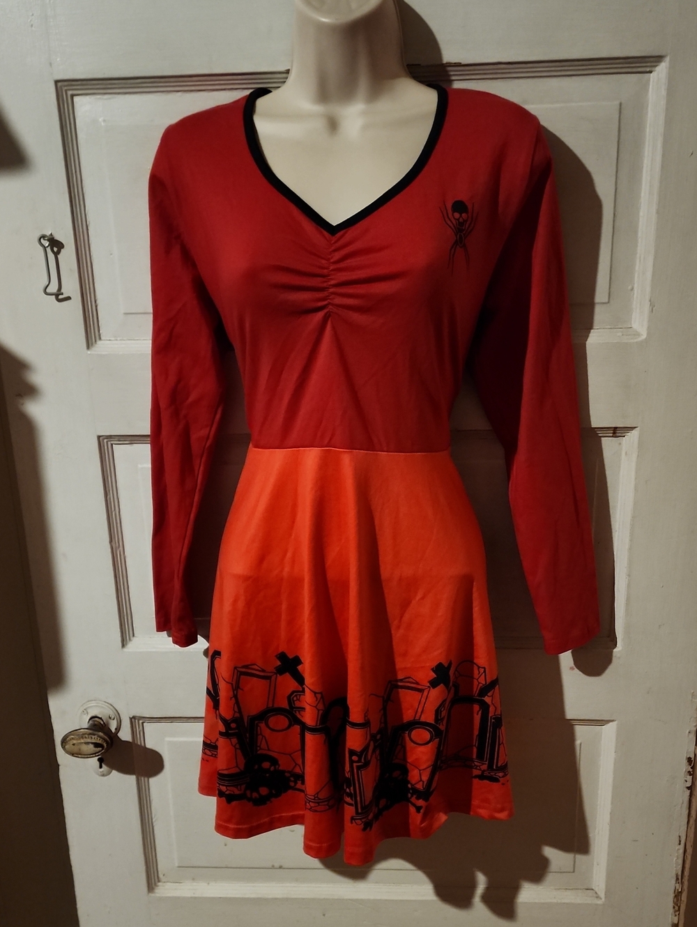 Spadehill Red Long Sleeve Fit&Flare Skater Graveyard Cemetery Dress Large
